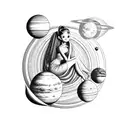 Ariana Grande sitting on Saturn with solar system around her head tattoo design idea