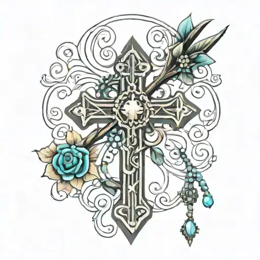 upside down cross with rosary hanging  tattoo design idea