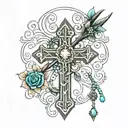 upside down cross with rosary hanging  tattoo design idea
