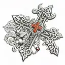 upside down cross with rosary hanging  tattoo design idea