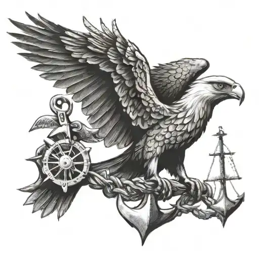 A majestic eagle holding two marine anchors as it flies. tattoo design idea