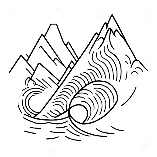 A wakeboarder carving through a wave with a mountain landscape in the background tattoo design idea
