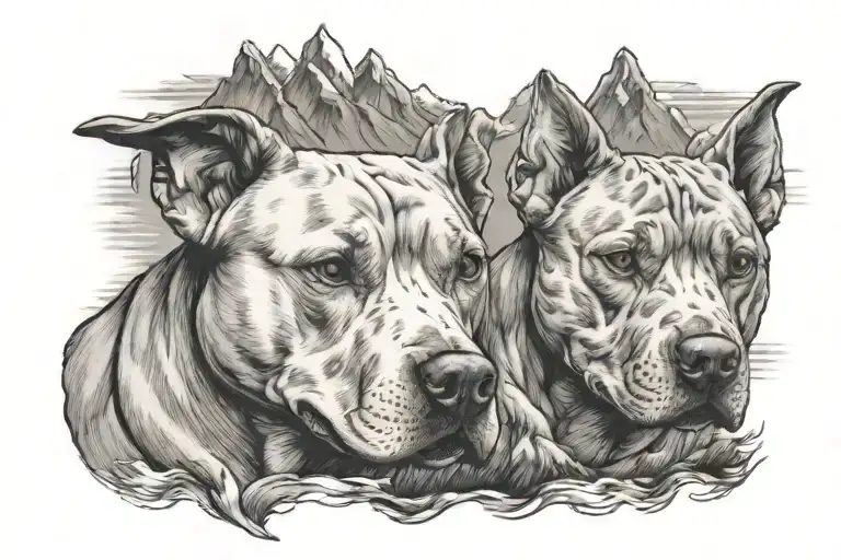 mountain with two pit bulls  tattoo design idea
