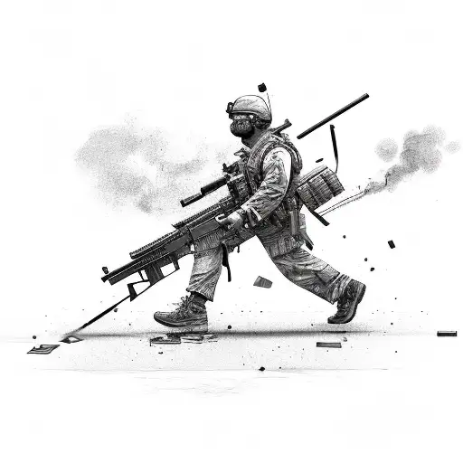 A gangster with m416 rifle and stacks of money, from the backside  tattoo design idea