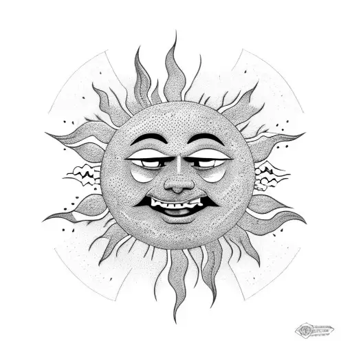 smiling sun emoji with volcano lava  from the mouth tattoo design idea