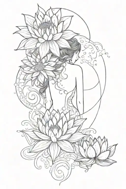 Feminine diagonal back tattoo, with a water Lilly in the middle, the phases of the moon either side, and a yin and yang  tattoo design idea