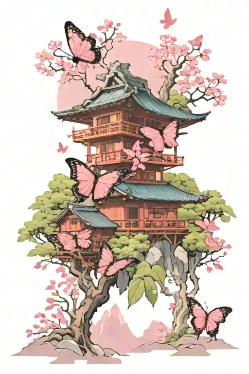  - Mountains in the background - Pink butterflies - A traditional Japanese house (Mondo-style) - A jungle backdrop blend tattoo design idea