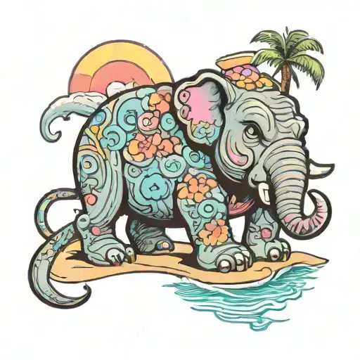 A new-school tattoo of a bulldog and elephant on a beach in Hawaii, inspired by the warm weather and cotton candy skies tattoo design idea