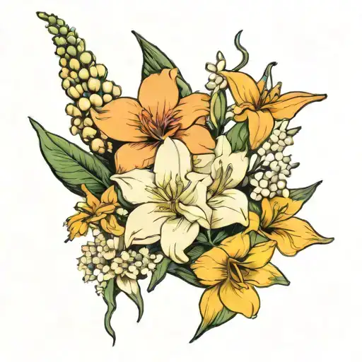 spine tattoo of these flowersHoney suckle  marigold gladiolus  honey suckle lily of the valley narcissus chrysanthemum  tattoo design idea
