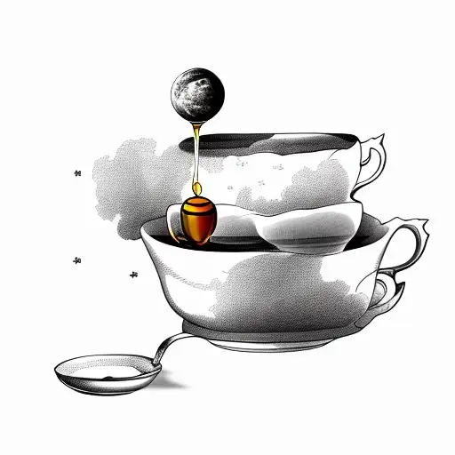 tea cup with a honey on a spoon and on the moon  tattoo design idea