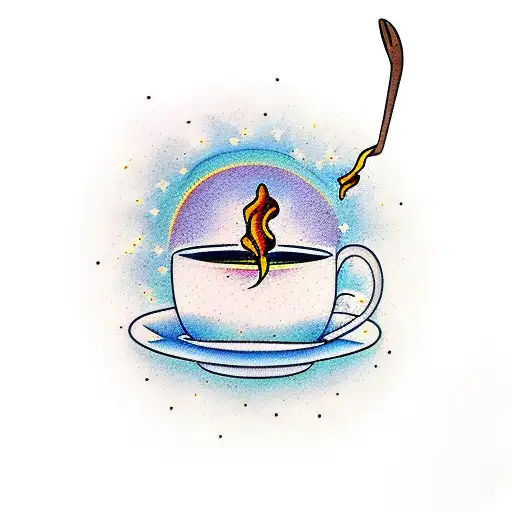 hot tea cup with honey on a spoon and a satellite in the sky tattoo design idea