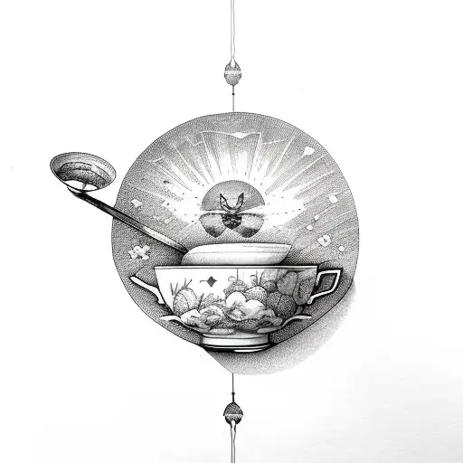 tea cup with a honey spoon and a satellite above tattoo design idea