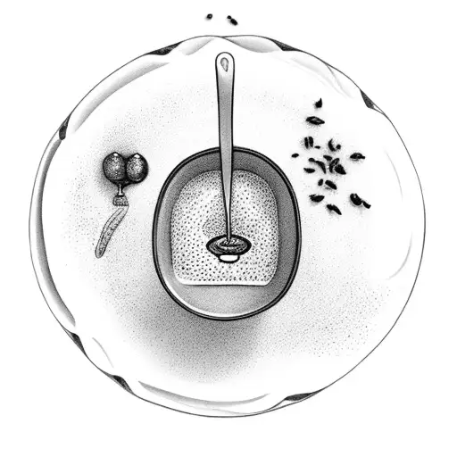 a hot tea cup and honey on a spoon on a plate, with a satellite in the sky tattoo design idea