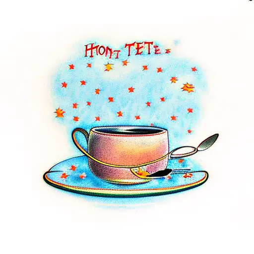 hot tea cup, honey on the spoon, satellite in the sky tattoo design idea