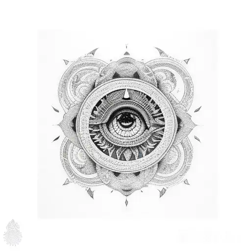 An intricate dotwork tattoo depicting the Egyptian eye surrounded by the phases of the moon tattoo design idea