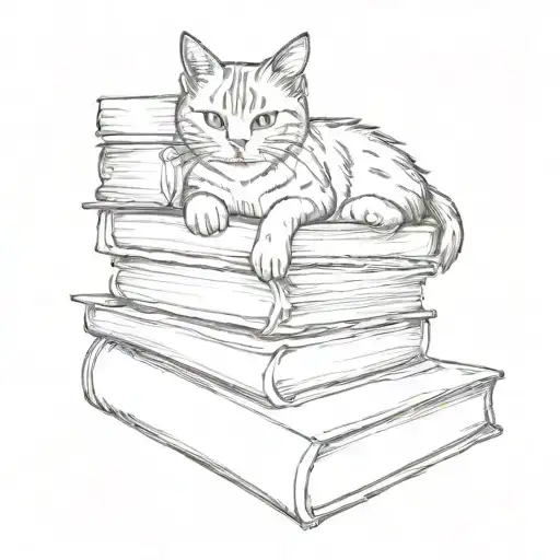 A sketch of a cat curled up on a stack of books, with Harry Potter and Stephen King titles visible, capturing the client's favorite things and hobbies tattoo design idea