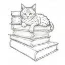 A sketch of a cat curled up on a stack of books, with Harry Potter and Stephen King titles visible, capturing the client's favorite things and hobbies tattoo design idea