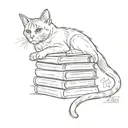A sketch of a cat curled up on a stack of books, with Harry Potter and Stephen King titles visible, capturing the client's favorite things and hobbies tattoo design idea