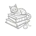 A sketch of a cat curled up on a stack of books, with Harry Potter and Stephen King titles visible, capturing the client's favorite things and hobbies tattoo design idea