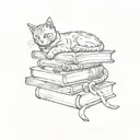 A sketch of a cat curled up on a stack of books, with Harry Potter and Stephen King titles visible, capturing the client's favorite things and hobbies tattoo design idea