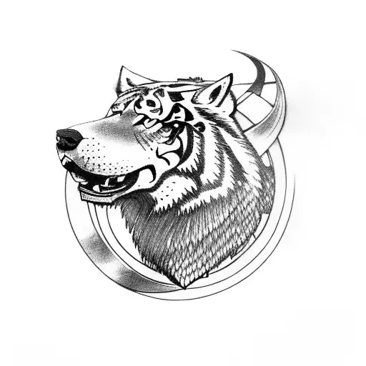 Viking shield with a wolf and tiger intertwined in battle tattoo design idea