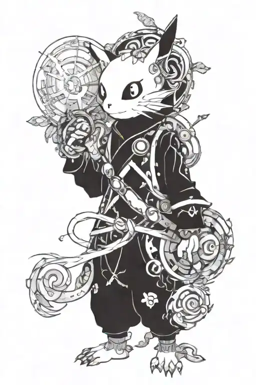 Combine elements from Pokemon, One Piece, and Ghibli into a mystical creature traveling through different worlds tattoo design idea