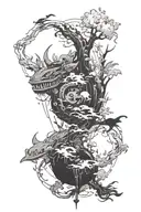 Combine elements from Pokemon, One Piece, and Ghibli into a mystical creature traveling through different worlds tattoo design idea