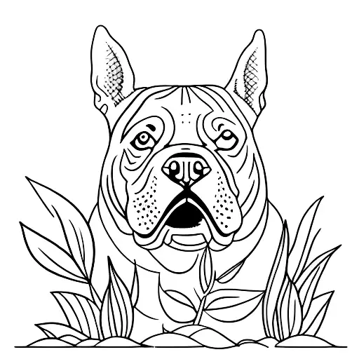 A minimalist tattoo of an exotic American Bully dog surrounded by aquascape plants tattoo design idea