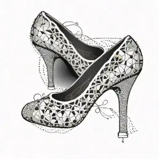 Incorporate a stylish high heel shoe with intricate lace details into a geometric pattern design tattoo design idea