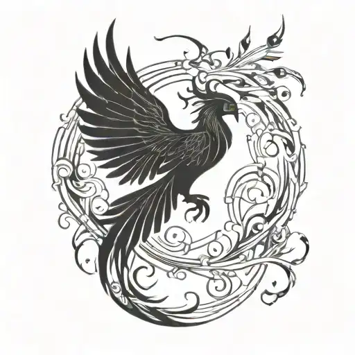 phoenix rising from the ashes with tail in spiral like DNA from facing looking up with wings wide spread  tattoo design idea