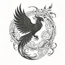 phoenix rising from the ashes with tail in spiral like DNA from facing looking up with wings wide spread  tattoo design idea