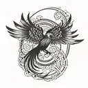 phoenix rising from the ashes with tail in spiral like DNA from facing looking up with wings wide spread  tattoo design idea