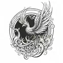 phoenix rising from the ashes with tail in spiral like DNA from facing looking up with wings wide spread  tattoo design idea