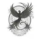 phoenix rising from the ashes with tail in spiral like DNA from facing looking up with wings wide spread  tattoo design idea