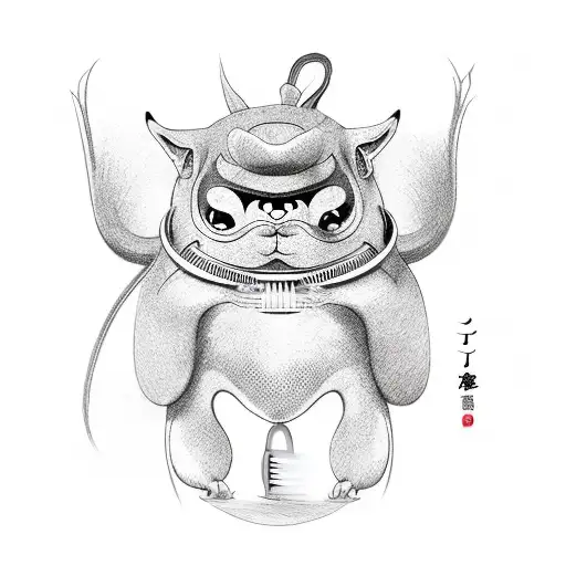 A traditional Japanese yokai creature playing with grooming tools tattoo design idea