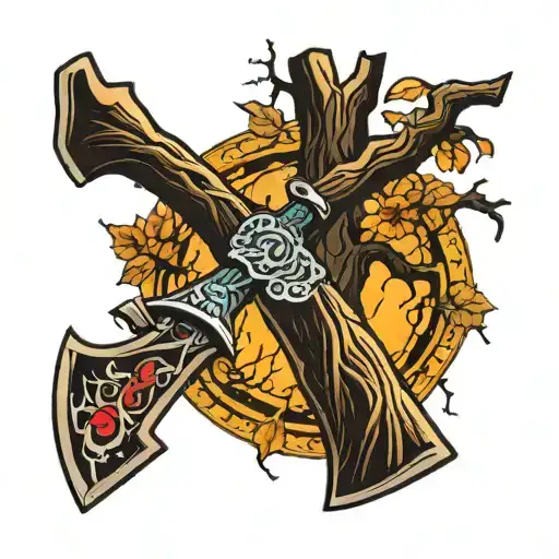burnt tree ax incorporated into its design tattoo design idea