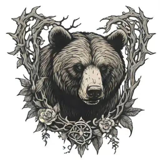 thorn branch bear forest cross  tattoo design idea