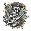 For the whole Sleeves on the left hand What you need to have: Anchor, machine gun, war style, Skull with a black beret tattoo design idea