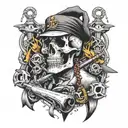 For the whole Sleeves on the left hand What you need to have: Anchor, machine gun, war style, Skull with a black beret tattoo design idea