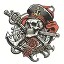 For the whole Sleeves on the left hand What you need to have: Anchor, machine gun, war style, Skull with a black beret tattoo design idea