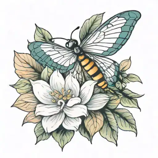 gardenia flower and mayfly tattoo design idea