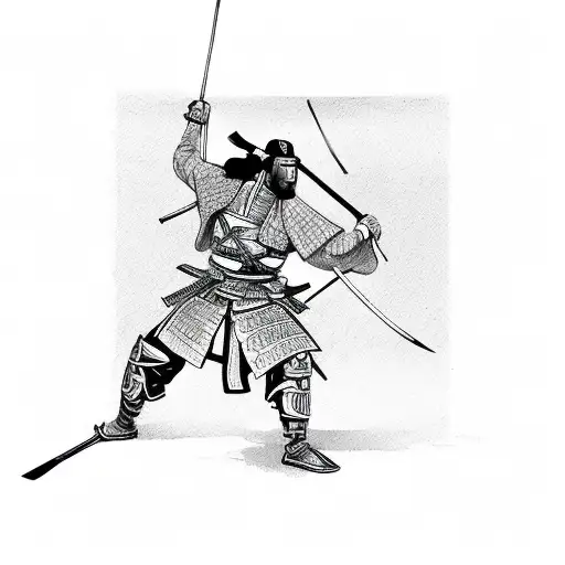 samurai kneeling on the battlefield with arrows and swords flags tattoo design idea