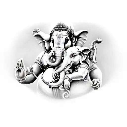 A realistic depiction of Ganesh holding Maya and Alex in his protective arms tattoo design idea