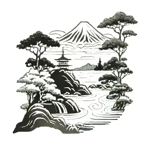 Japanese zen garden with a silhouette of Mount Fuji in the background tattoo design idea