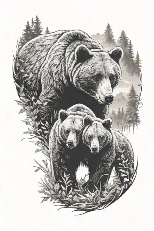 mamma bear with cub in nature scene tattoo design idea