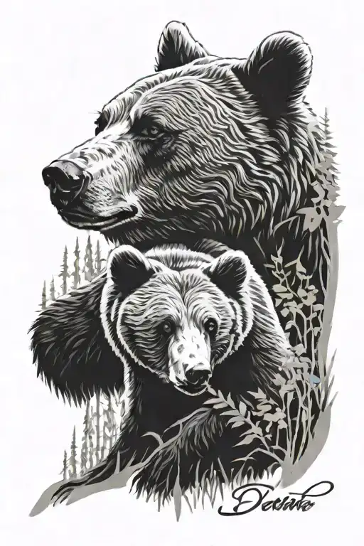 mamma bear with cub in nature scene tattoo design idea
