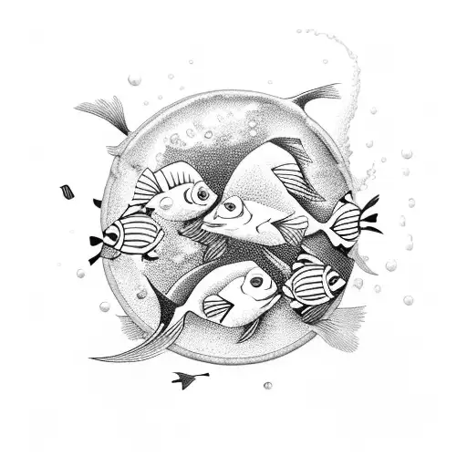 A school of fish swimming around a beer bottle and a wine glass tattoo design idea