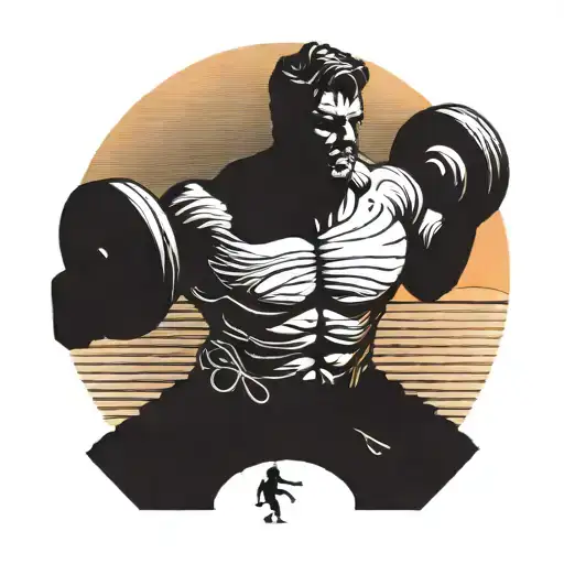A silhouette of a muscular figure lifting weights with a sunset background, blending the passion for working out and the beach tattoo design idea
