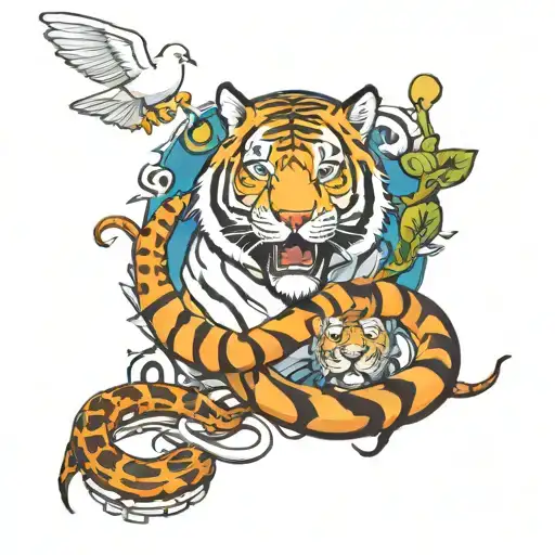 a snake, a white dove and a tiger surrounding earth world with graffiti spray cans  tattoo design idea