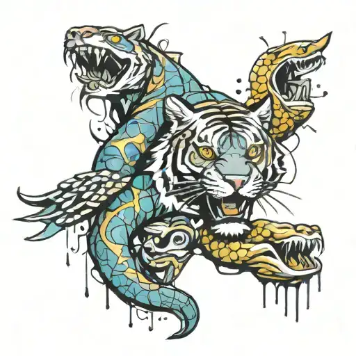 a snake a dove a tiger surrounding a dark world wit graffiti spray cans  tattoo design idea